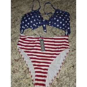 Patriotic Flag Cut Out One Piece Swimsuit Tummy Control New Size XL